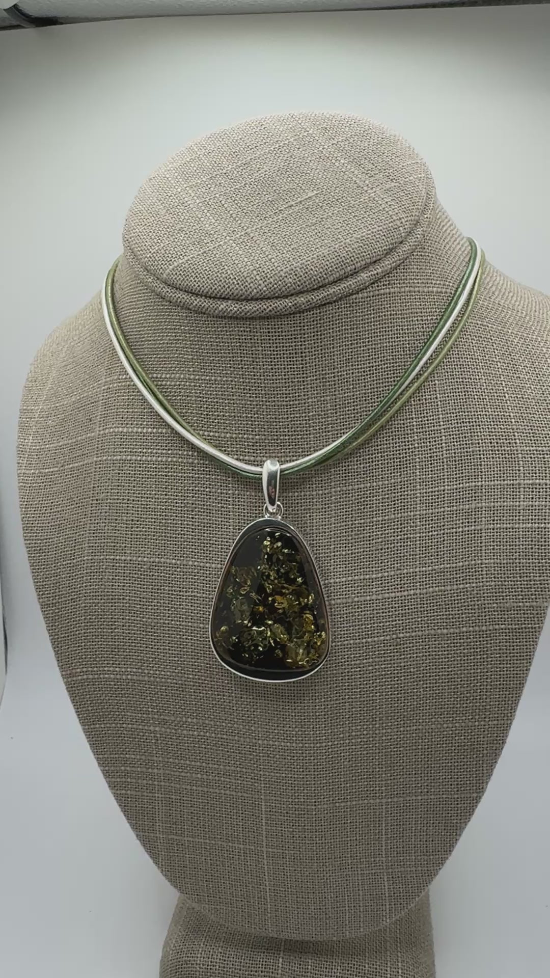 Handmade in Poland Green Baltic Amber Pendant with Sterling Silver & Ombre Leather Necklace