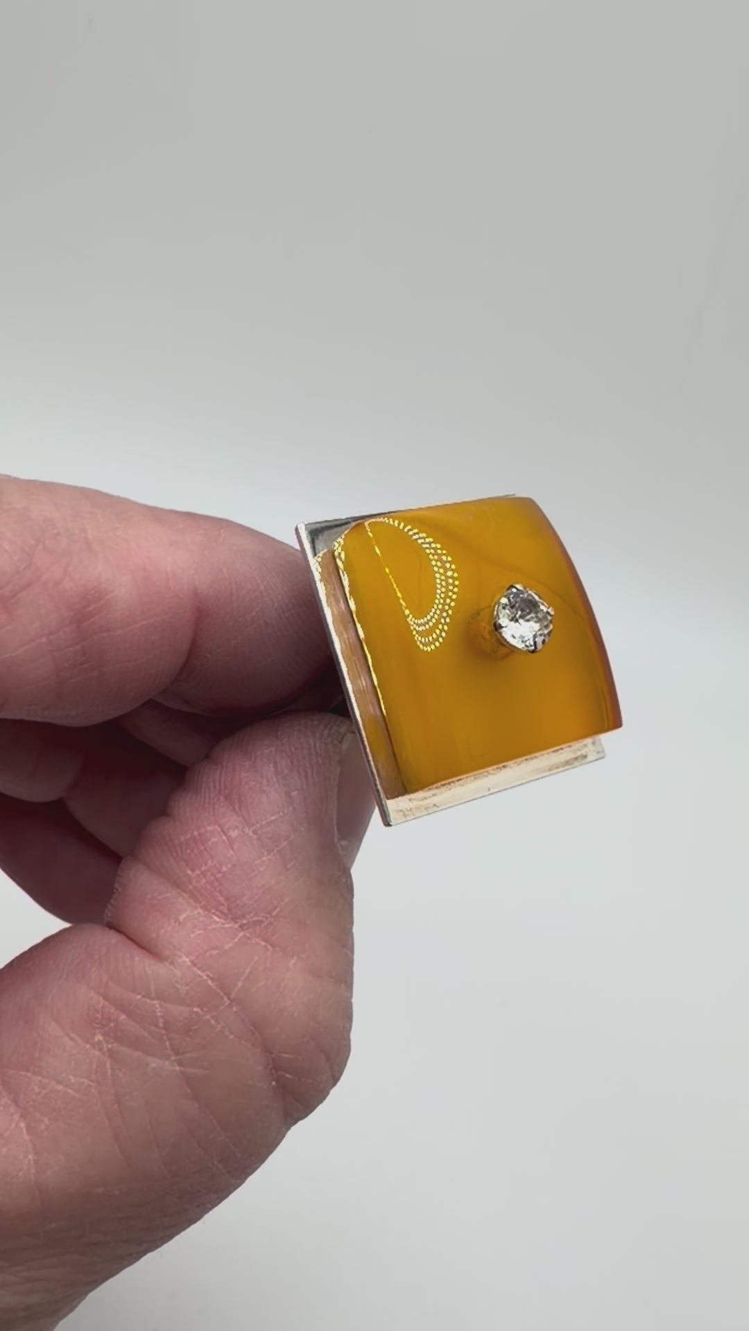 Ambermoda Designer Sterling Silver & Genuine Baltic Amber Ring with Butterscotch Rectangle and Cubic Zirconia