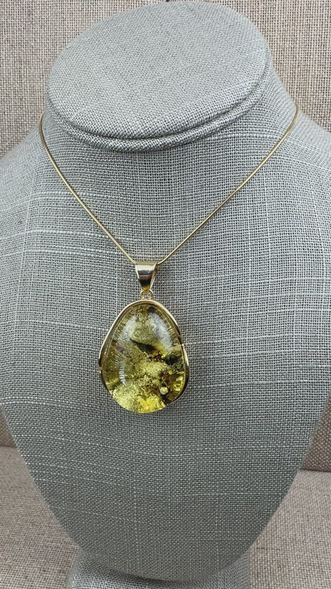 One-of-a-Kind Handmade Green Baltic Amber Pendant – Gold Plated Sterling Silver