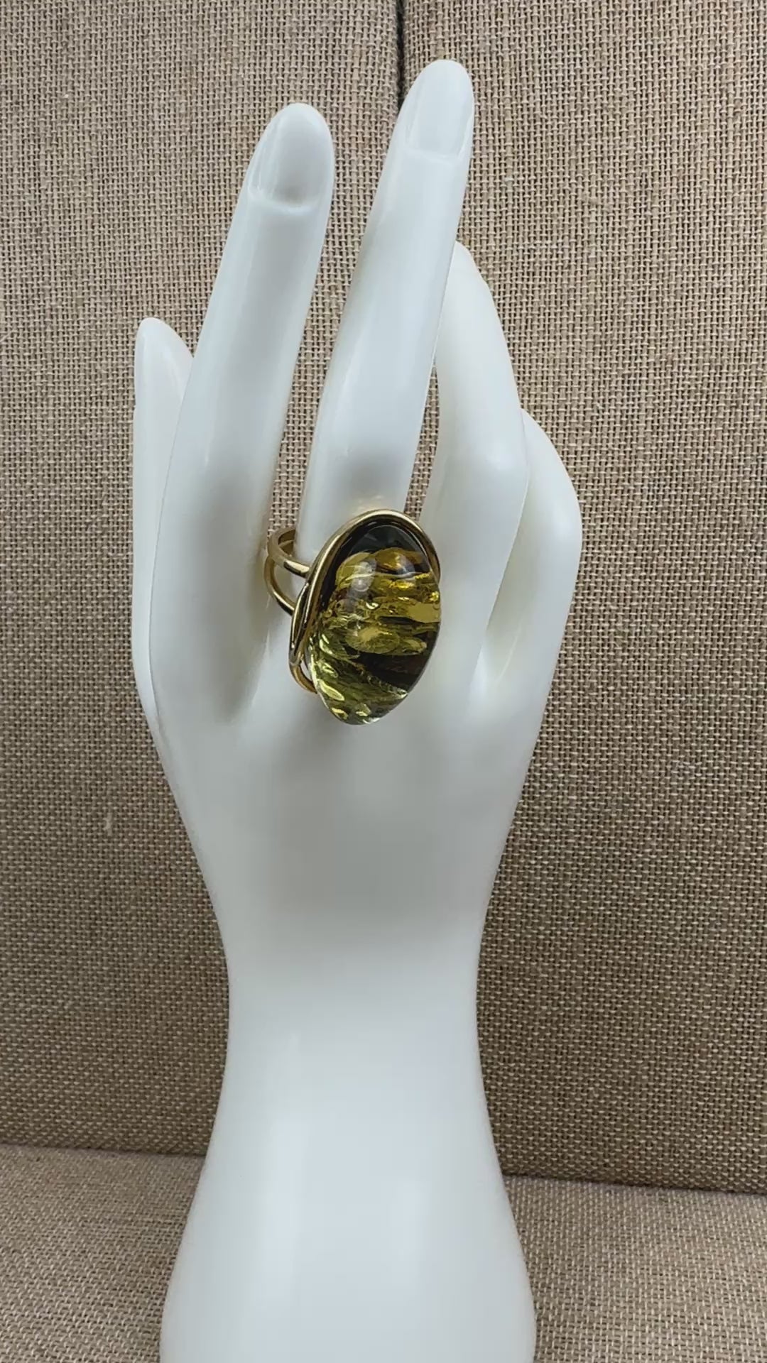Handmade Green Baltic Amber Ombre Ring – Adjustable Gold Plated Sterling Silver Statement Ring – Genuine Baltic Amber Jewelry from Poland