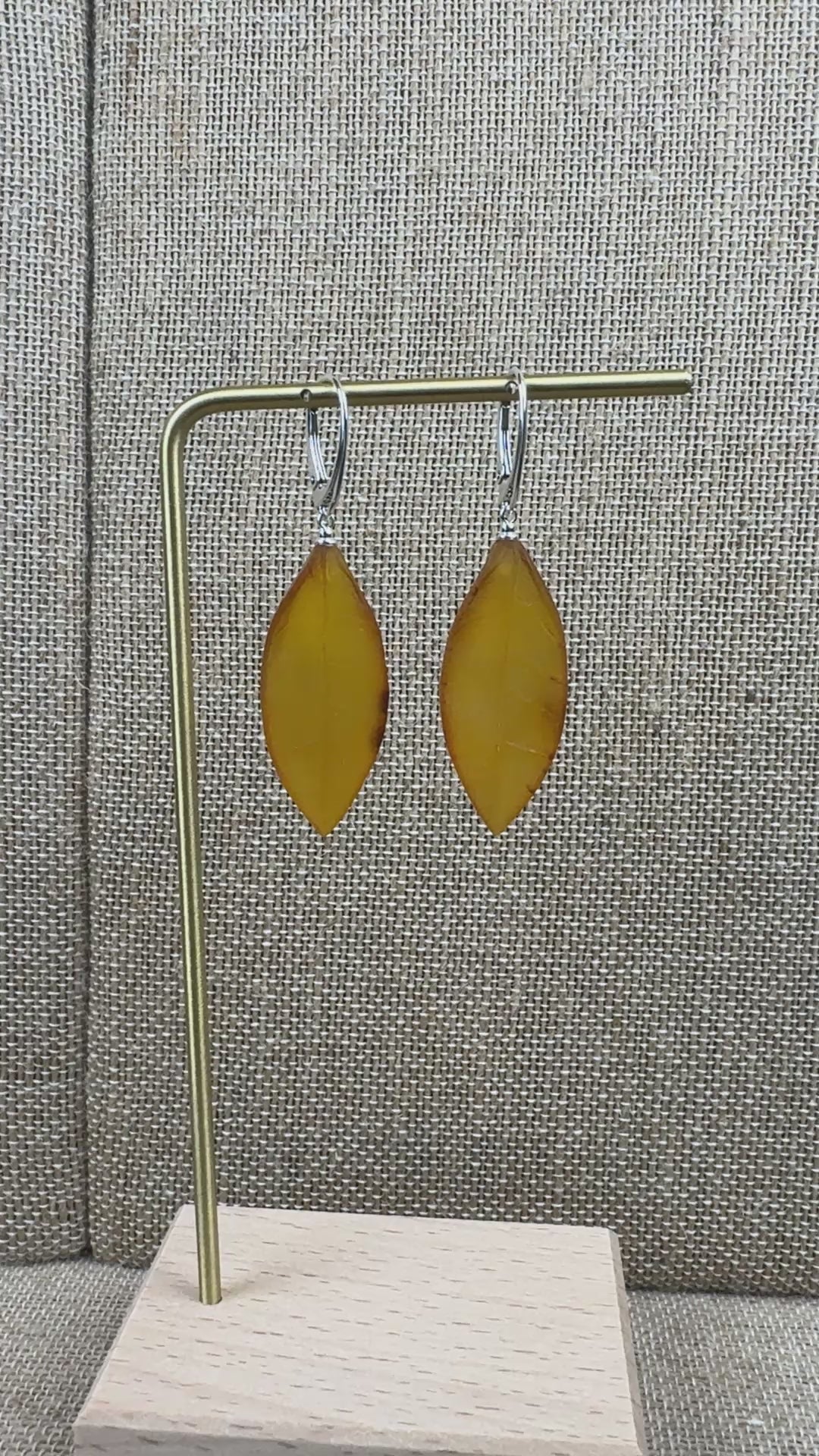 Handmade Cognac Baltic Amber Leaf Earrings – Hand Carved Sterling Silver Lever Back Dangle