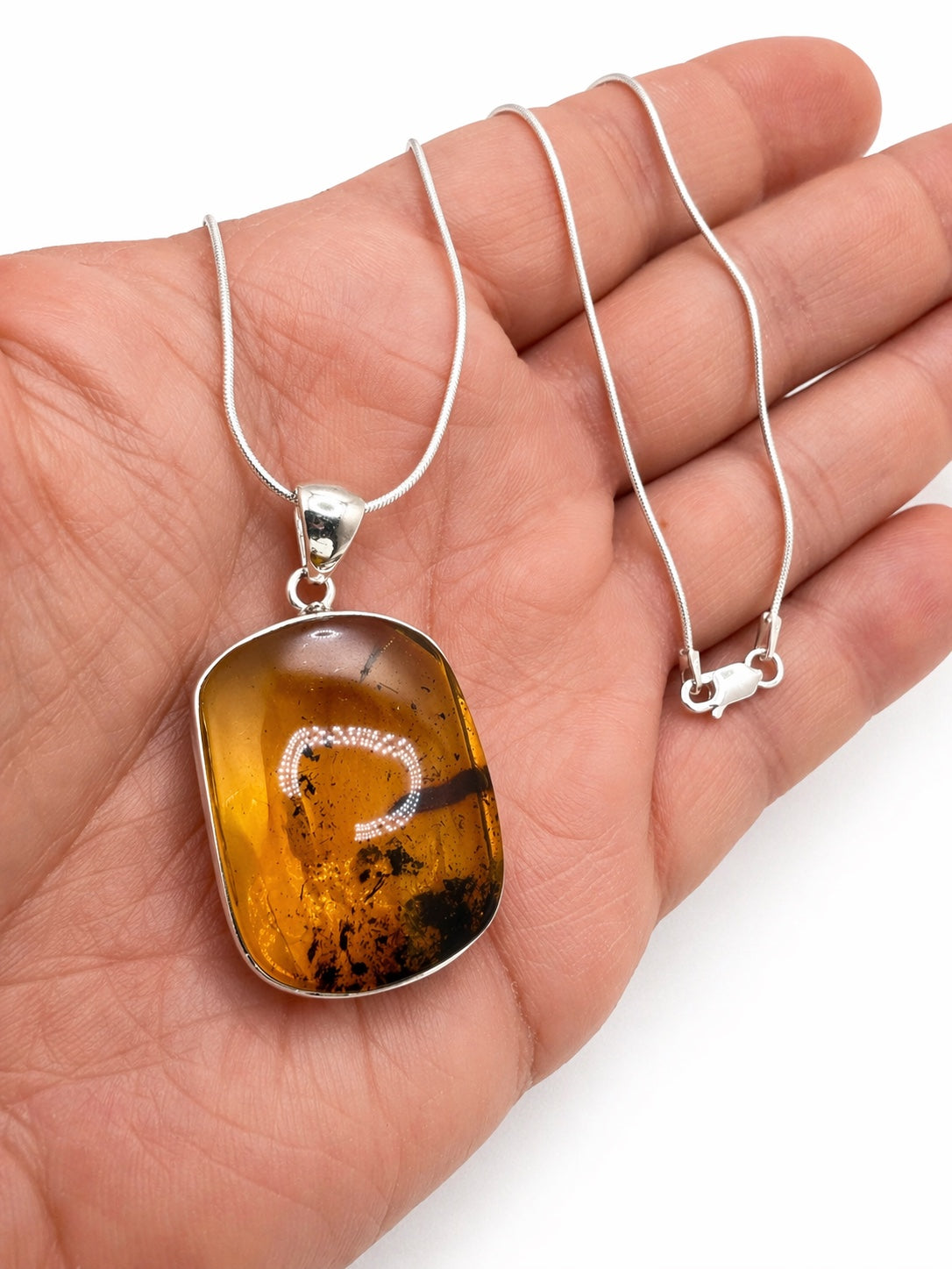 Genuine Baltic Amber Pendant Necklace, Sterling Silver, Fossil Inclusions, Honey Lemon Amber, Rare Insect Amber, Handmade Statement Jewelry