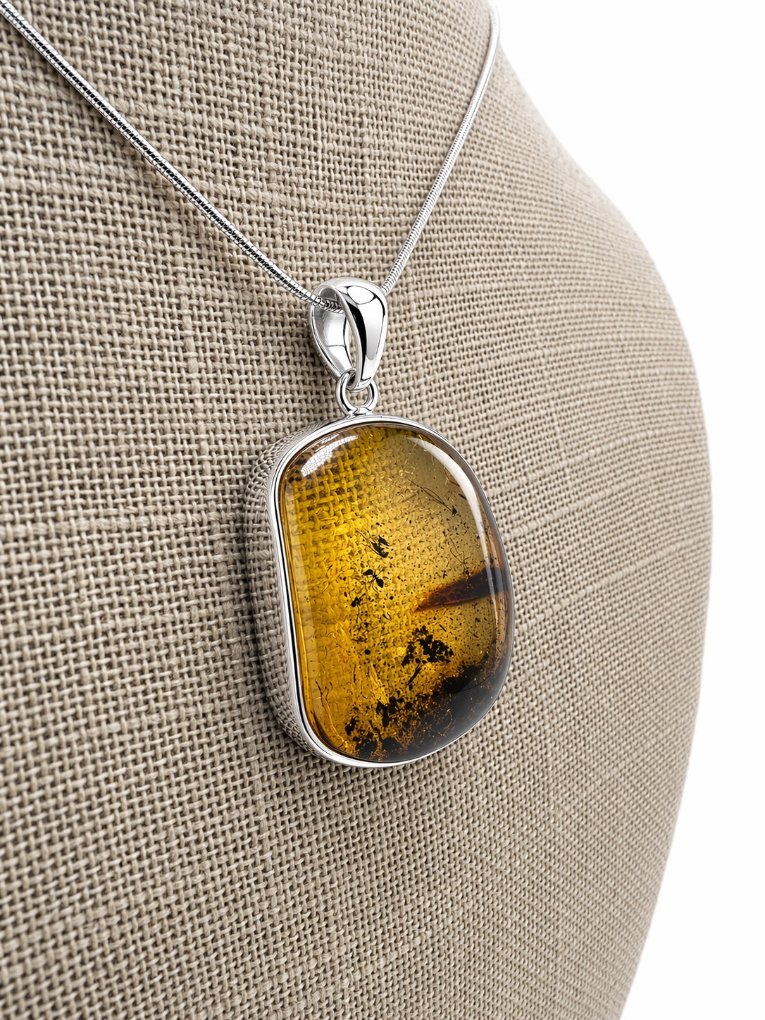 Genuine Baltic Amber Pendant Necklace, Sterling Silver, Fossil Inclusions, Honey Lemon Amber, Rare Insect Amber, Handmade Statement Jewelry