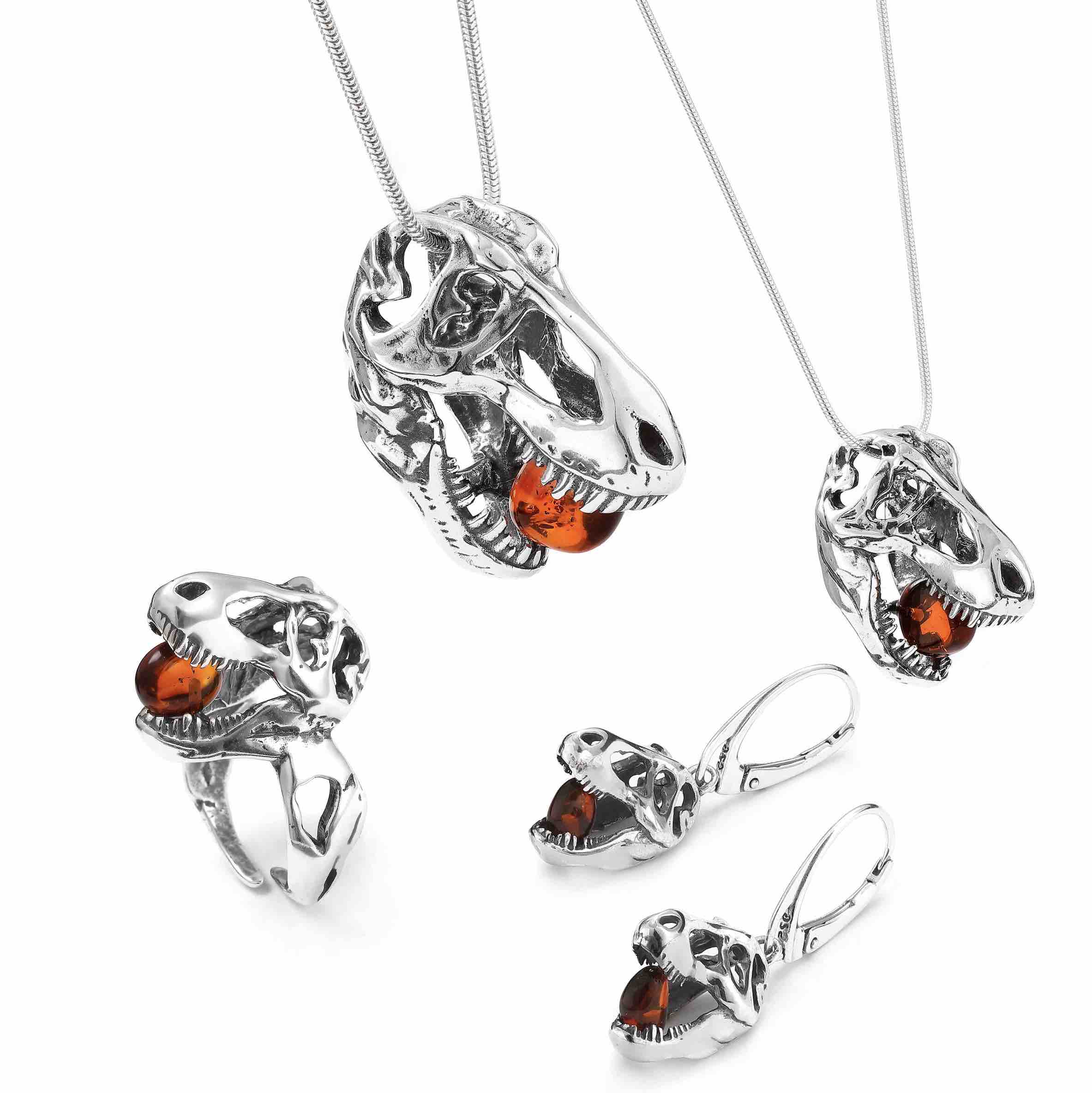 Tyrannosaurus Rex Lever Back Earrings – Sterling Silver & Baltic Amber