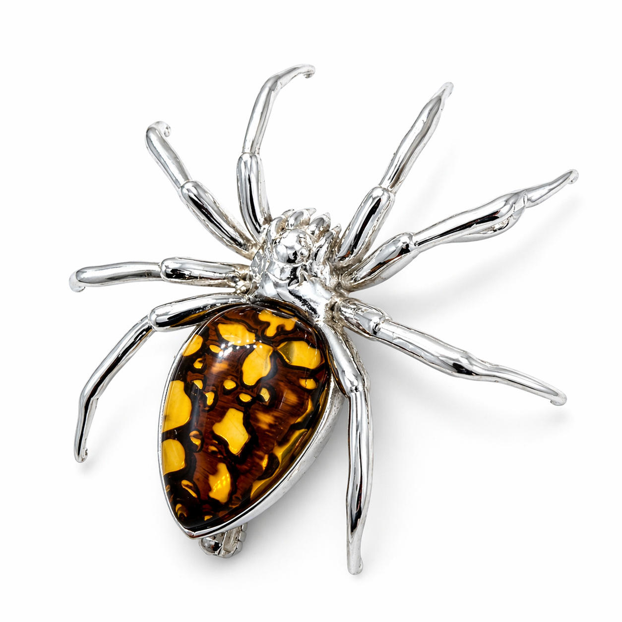 Golden Glow Crawler” – Sterling Silver & Honey Baltic Amber Spider Pendant