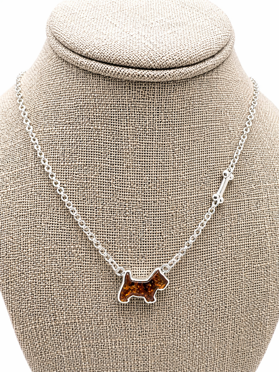 Sterling Silver Dog & Bone Necklace – Hand-Carved Honey Baltic Amber Pup with Extension Charm